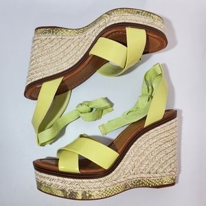 Vince Camuto Pharrah Yellow Green Leather Ankle Tie Espadrille Platform Heels